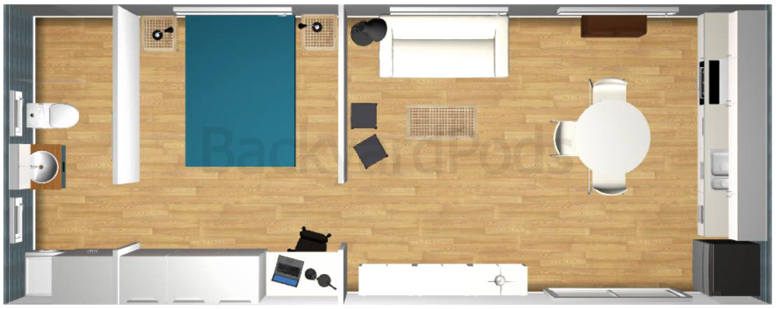 Laurie garden flat - 1BR-4mx10m-01 "Laurie" - FSC 1BR garden flat 4m x 10m - top view render